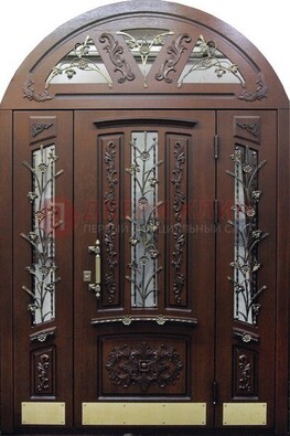 Железная арочная дверь со стеклом и ковкой ДА-31 для кирпичного дома в Воскресенске