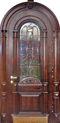 Арочная металлическая дверь массив со стеклом и ковкой ДА-50 в Воскресенске