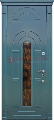 Синяя входная дверь Винорит стекло и ковка с фрамугой ДФГ-32 в Воскресенске