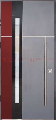 Серая входная дверь с порошковым окрасом и красной вставкой ДП-175 в Воскресенске