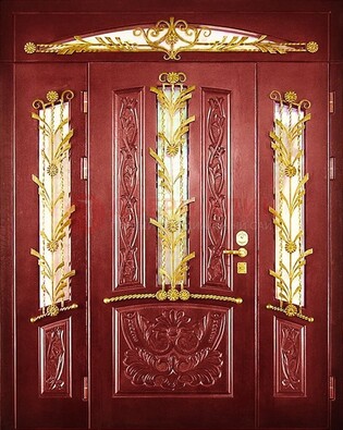 Бордовая железная парадная дверь со стеклом и ковкой ДПР-75 в Воскресенске
