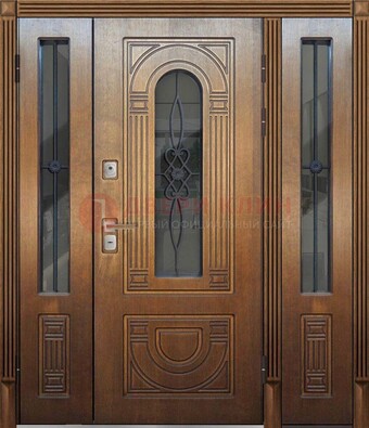 Коричневая стальная парадная дверь с фрамугой ДПР-84 в Пскове