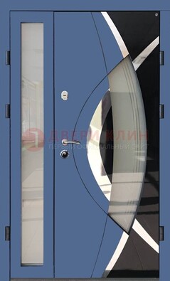 Синяя металлическая дверь со стеклом и узором ДС-13 в Воскресенске