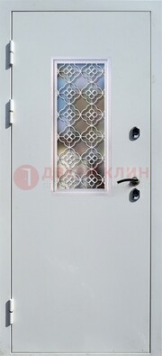 Серая металлическая дверь со стеклом и ковкой ДС-75 в Воскресенске