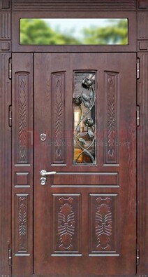 Коричневая железная дверь со стеклом и ковкой на улицу ДСК-127 в Воскресенске