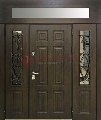 Коричневая распашная железная дверь со стеклом ковкой ДСК-132 в Воскресенске