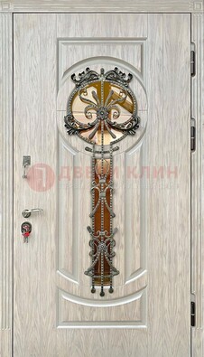 Светлая железная дверь со стеклом ковкой для коттеджа ДСК-134 в Воскресенске