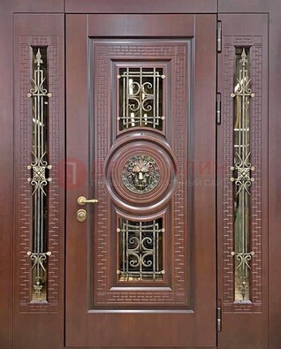 Коричневая стальная дверь со стеклом и ковкой ДСК-147 с фрамугами в Воскресенске