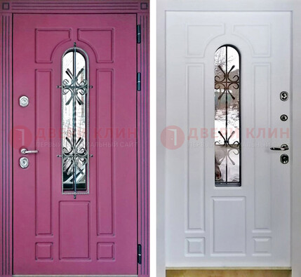 Розовая металлическая дверь со стеклом и ковкой ДСК-151 в Воскресенске