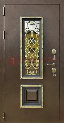 Входная дверь порошок со стеклом и ковкой для коттеджа ДСК-166 в Воскресенске