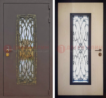 Уличная дверь порошок со стеклом и ковкой ДСК-168 коричневая в Воскресенске