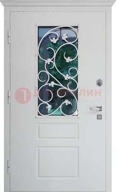 Белая металлическая дверь винорит со стеклом и ковкой ДСК-184 в Воскресенске