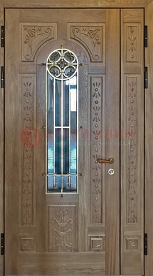 Полуторная стальная дверь стекло с ковкой и узором ДСК-200 в Воскресенске