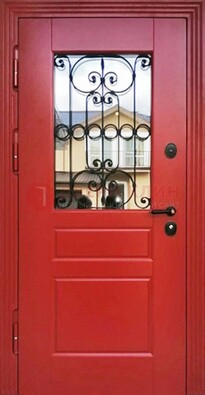Красная железная дверь Винорит со стеклом и ковкой ДСК-205 в Воскресенске