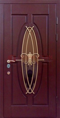 Бордовая стальная дверь Винорит со стеклом и ковкой ДСК-263 в Воскресенске