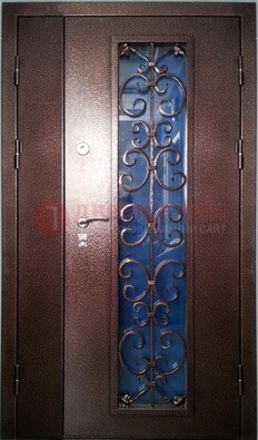 Двойная металлическая дверь со стеклом и ковкой ДСК-4 в Воскресенске