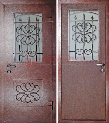 Железная дверь с прозрачным стеклом и ковкой ДСК-85 в кафе в Воскресенске