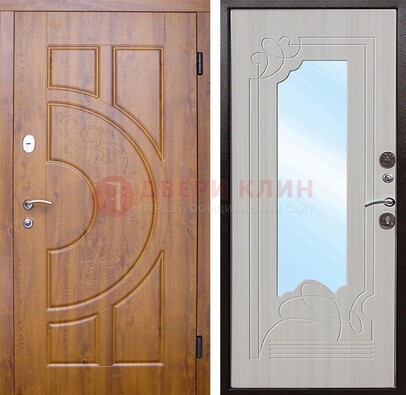 Коричневая металлическая дверь c МДФ с узором и зеркалом ДЗ-105 в Воскресенске