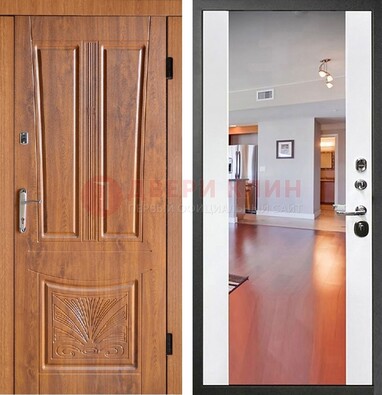 Входная коричневая дверь терморазрыв c виноритом и белая МДФ c зеркалом ДЗ-123 в Воскресенске