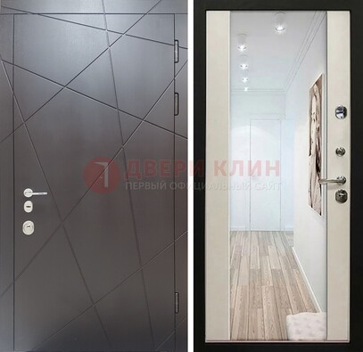 Железная коричневая дверь со светлой МДФ внутри и зеркалом ДЗ-125 в Воскресенске