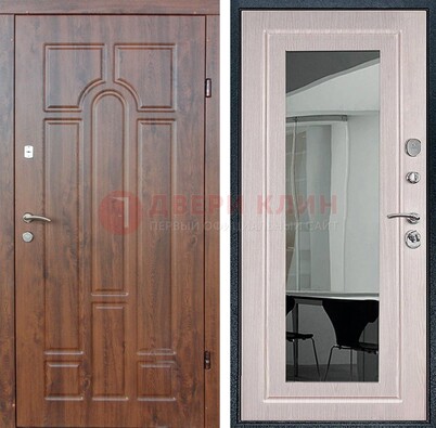 Входная коричневая дверь с МДФ Белый дуб и зеркалом ДЗ-126 в Воскресенске