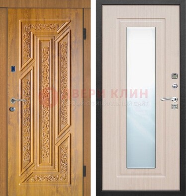Коричневая железная дверь с зеркалом МДФ Белый дуб ДЗ-128 в Воскресенске