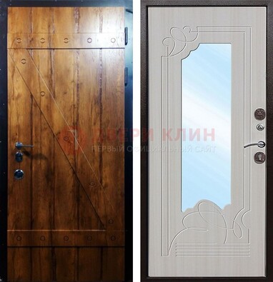 Коричневая входная дверь с зеркалом МДФ с узором ДЗ-129 в Воскресенске