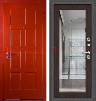 Красная металлическая дверь с МДФ и зеркалом ДЗ-136 в Воскресенске