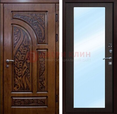 Коричневая входная дверь c узором и виноритом МДФ с зеркалом ДЗ-98 в Воскресенске