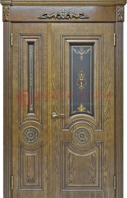 Распашная уличная дверь с массивом дуба и витражом ВЖ-14 в Воскресенске