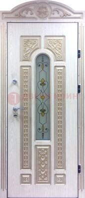 Белая железная дверь с МДФ и витражом ВЖ-26 в Воскресенске