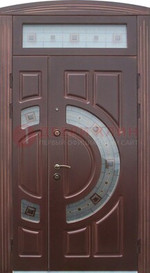 Коричневая двухстворчатая железная дверь с МДФ и витражом ВЖ-29 в Воскресенске