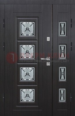 Чёрная двухстворчатая железная дверь с МДФ и витражом ВЖ-35 в Воскресенске