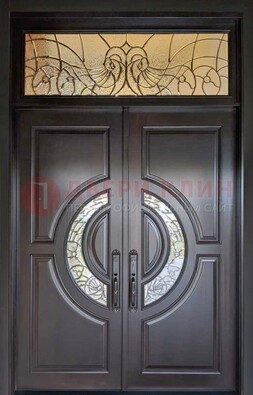 Чёрная двухстворчатая железная дверь с МДФ и витражом ВЖ-38 в Воскресенске