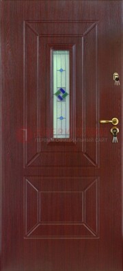 Бордовая железная дверь с витражом и отделкой массив ВЖ-3 в Воскресенске