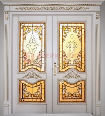 Элитная металлическая дверь с витражом и отделкой массив ВЖ-4 в Воскресенске