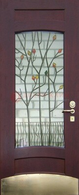 Бордовая стальная дверь с витражом и декоративным элементом ВЖ-3 в Воскресенске